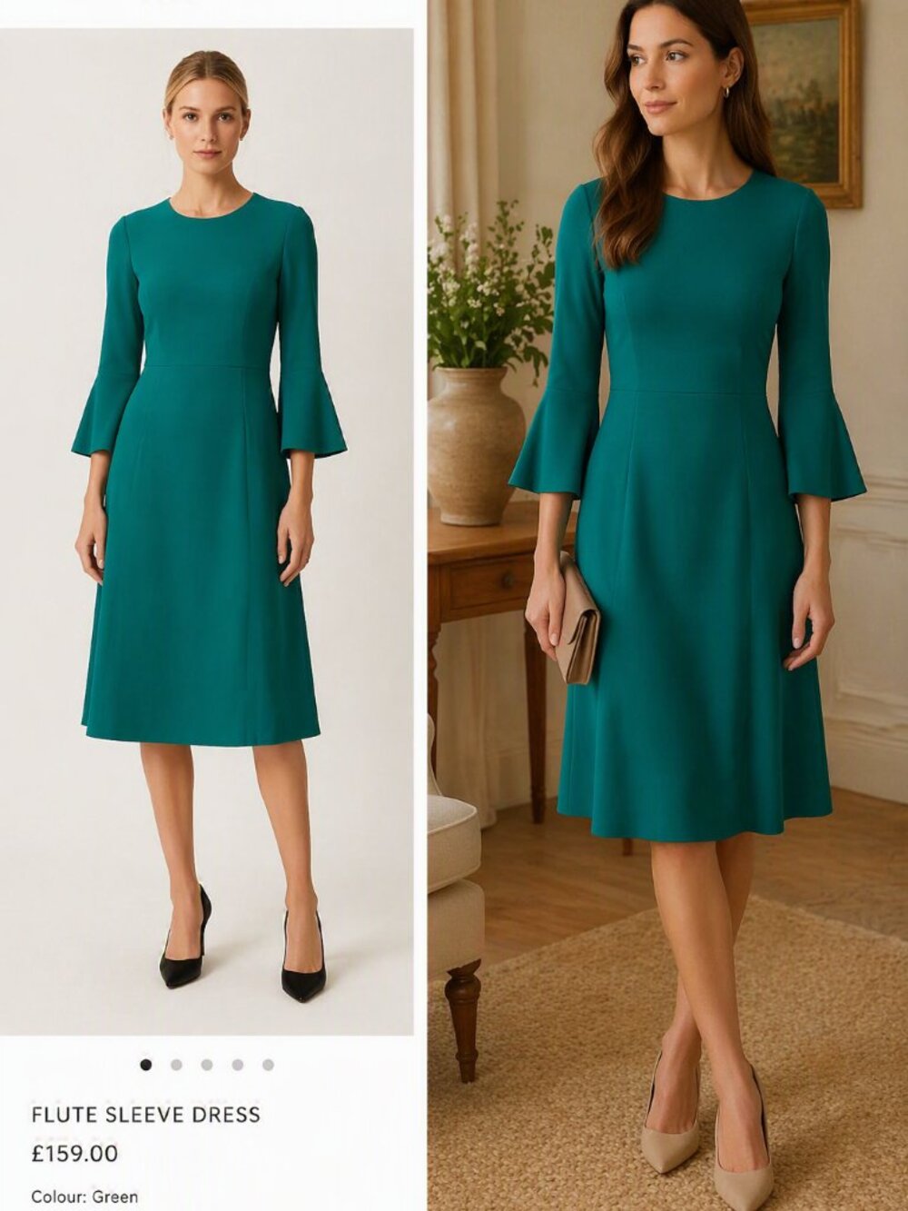 Women's Emerald Green Midi Dress with Bell Sleeves